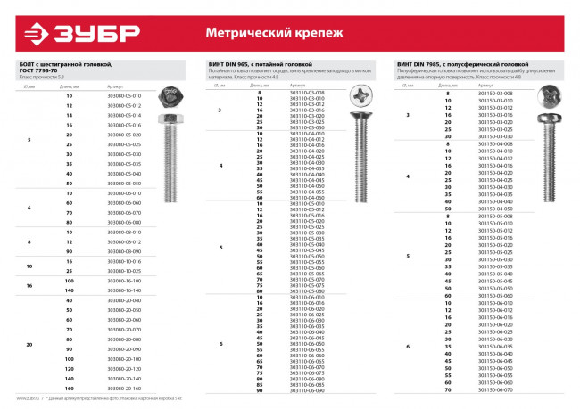 Болт ГОСТ 7798-70, M5 x 25 мм, 5 кг, кл. пр. 5.8, оцинкованный, ЗУБР,  ( 303080-05-025 )