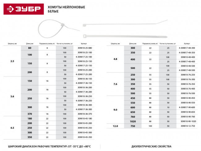 Кабельные стяжки белые КС-Б2, 4.8 х 500 мм, 25 шт, нейлоновые, ЗУБР Профессионал,  ( 4-309017-48-500 )