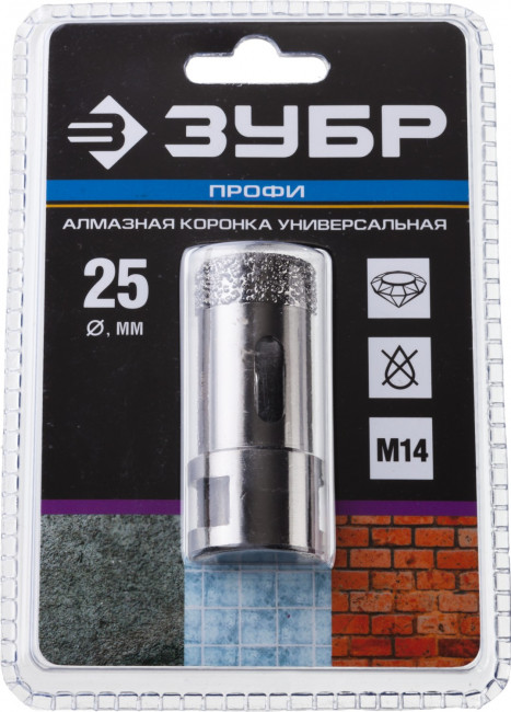 Коронка алмазная универсальная, технология ВВС, d=25 мм, посадка М14, ЗУБР Профессионал 29865-25,  ( 29865-25 )