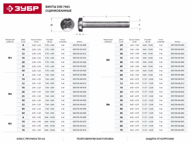 Винт DIN 7985, M3 x 25 мм, 5 кг, кл. пр. 4.8, оцинкованный, ЗУБР,  ( 303150-03-025 )