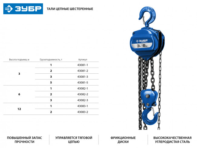 Таль цепная "ТШ-2-12" шестеренная, ЗУБР Профессионал 43083-2, 2т / 12м,  ( 43083-2_z01 ) Таль цепная "ТШ-2-12" шестеренная, ЗУБР Профессионал 43083-2, 2т / 12м,  ( 43083-2_z01 )