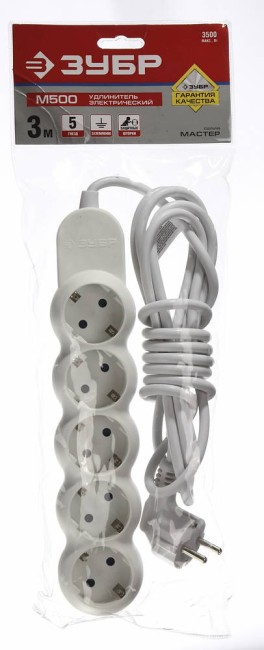 Удлинитель ЗУБР "МАСТЕР" электрический, ПВС сечение 1кв мм, заземл, 5 гнезд, макс мощн 3500Вт, 3м,  ( 55058-3 )