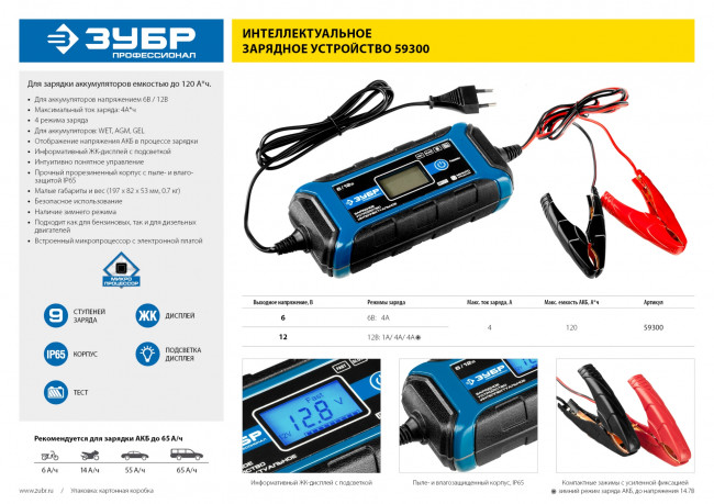 Зарядное устройство ЗУБР "ПРОФЕССИОНАЛ", 6В/12В, 4А, автомат, IP65, AGM, GEL, WET,  ( 59300 ) Зарядное устройство ЗУБР "ПРОФЕССИОНАЛ", 6В/12В, 4А, автомат, IP65, AGM, GEL, WET,  ( 59300 )