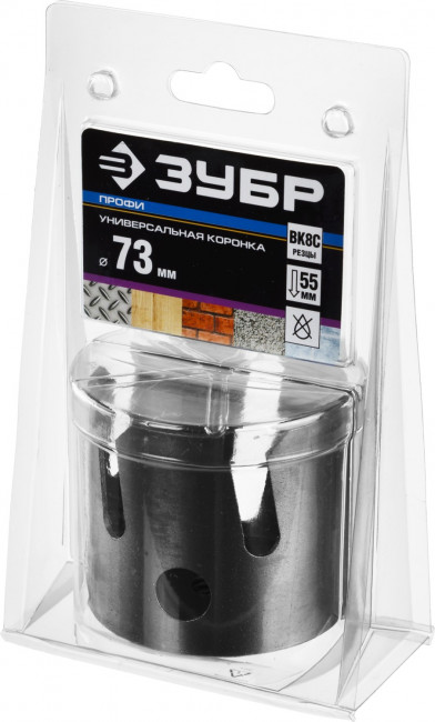Коронка ЗУБР "ПРОФИ" "ПРОУНИВЕРСАЛ", твердосплав резцы, бетон, кирпич, керам, цв мет, гипсокарт, пласт, дерево, d=73мм ,  ( 29514-73 )