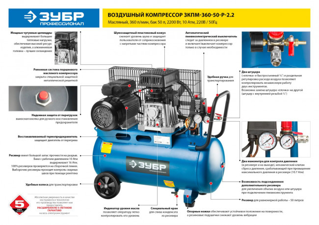 Компрессор воздушный ременной, 360 л/мин, 50 л, 2200 Вт, ЗУБР,  ( ЗКПМ-360-50-Р-2.2 )
