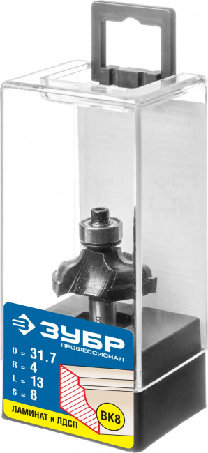 Фреза ЗУБР "ПРОФЕССИОНАЛ" кромочная калевочная №3, диаметр-31.7 мм, рабочая длина-13 мм, радиус-4 мм, хвостовик-8 мм, диаметр подшипника-12,7 мм, ( 28786-31.7 )