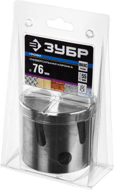 Коронка ЗУБР "ПРОФИ" "ПРОУНИВЕРСАЛ", твердосплав резцы, бетон, кирпич, керам, цв мет, гипсокарт, пласт, дерево, d=76мм ,  ( 29514-76 )