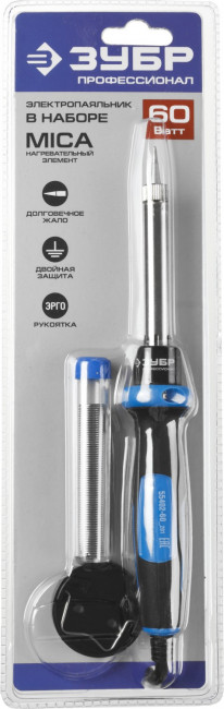 Паяльник c двухкомпонентной рукояткой в наборе с припоем и подставкой, ЗУБР Профессионал 55402-60, 60Вт, конус,  ( 55402-60_z01 ) Паяльник c двухкомпонентной рукояткой в наборе с припоем и подставкой, ЗУБР Профессионал 55402-60, 60Вт, конус,  ( 55402-60_z01 )