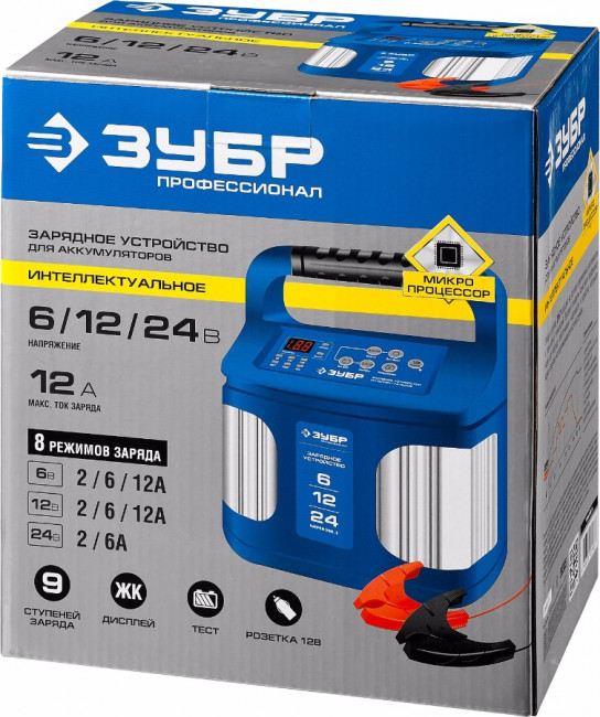 Зарядное устройство ЗУБР "ПРОФЕССИОНАЛ", 12В, 12А, автомат, IP65, AGM, GEL, WET,  ( 59305 )