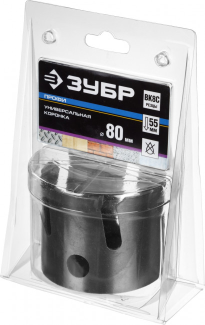 Коронка ЗУБР "ПРОФИ" "ПРОУНИВЕРСАЛ", твердосплав резцы, бетон, кирпич, керам, цв мет, гипсокарт, пласт, дерево, d=80мм ,  ( 29514-80 )