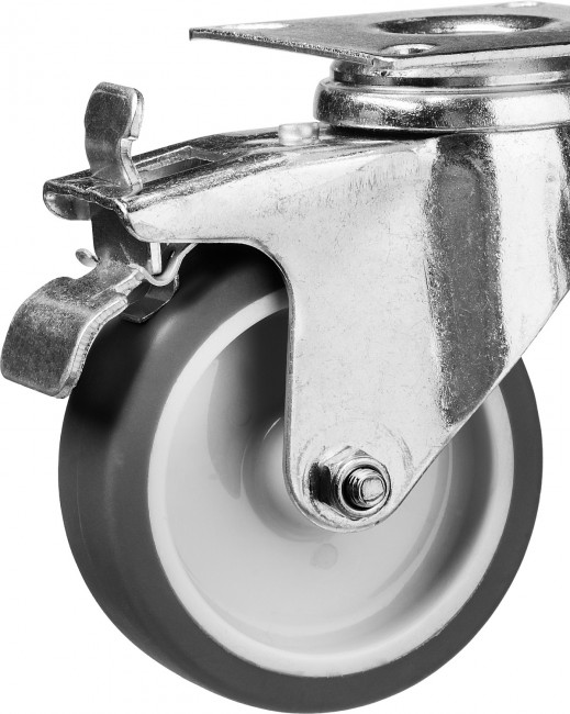 Колесо поворотное с тормозом d=75 мм, г/п 60 кг, термопластич. резина/полипропилен, ЗУБР Профессионал,  ( 30946-75-B )