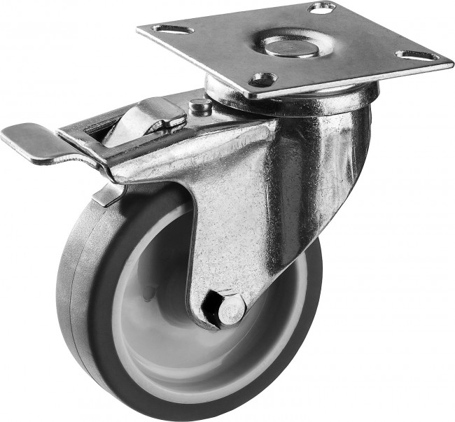 Колесо поворотное с тормозом d=75 мм, г/п 60 кг, термопластич. резина/полипропилен, ЗУБР Профессионал,  ( 30946-75-B )