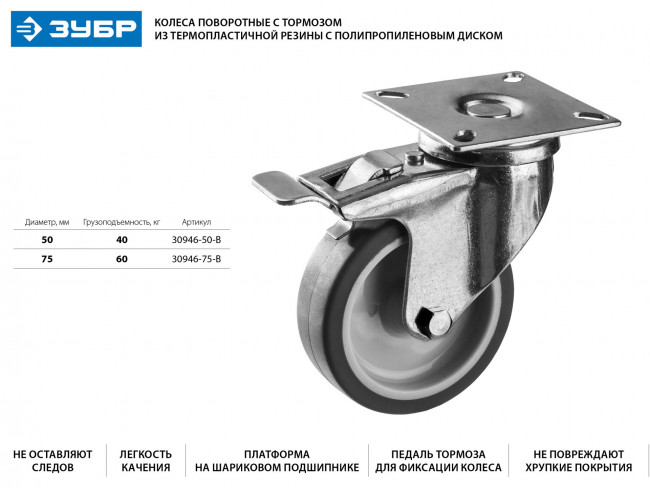 Колесо поворотное с тормозом d=75 мм, г/п 60 кг, термопластич. резина/полипропилен, ЗУБР Профессионал,  ( 30946-75-B )