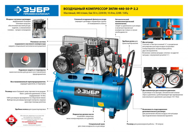 Компрессор воздушный ременной, 440 л/мин, 50 л, 2200 Вт, ЗУБР,  ( ЗКПМ-440-50-Р-2.2 )