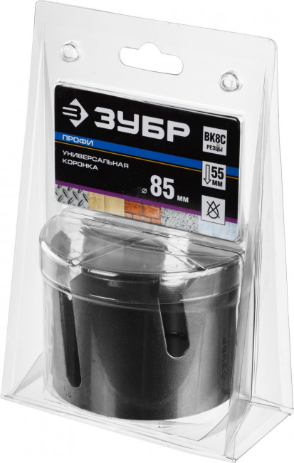 Коронка ЗУБР "ПРОФИ" "ПРОУНИВЕРСАЛ", твердосплав резцы, бетон, кирпич, керам, цв мет, гипсокарт, пласт, дерево, d=85мм ,  ( 29514-85 )