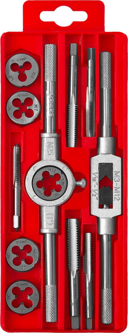 Набор ЗУБР "МАСТЕР" с металлореж. Инстр., метчики однопроходные и плашки М6-М12, оснастка - в пластиковом боксе, 12пред.,  ( 28121-H12 )