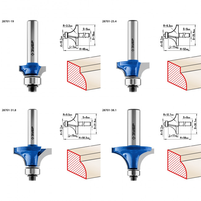 Набор профильных фрез по дереву ЗУБР "ПРОФЕССИОНАЛ", 4 шт, ( 28795-H4-2 ) Набор профильных фрез по дереву ЗУБР "ПРОФЕССИОНАЛ", 4 шт, ( 28795-H4-2 )