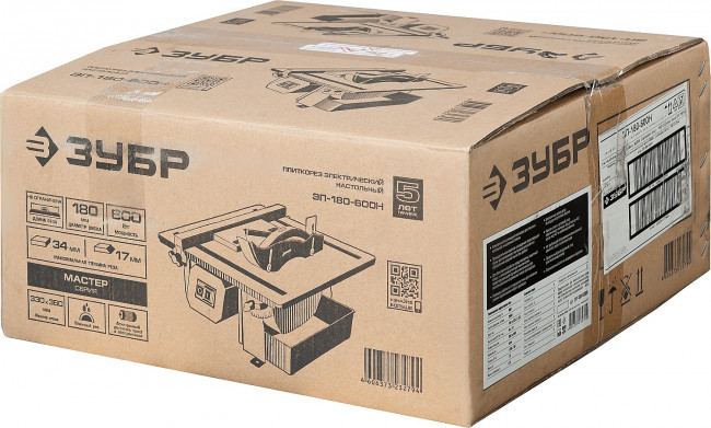 Электроплиткорез ЗУБР "МАСТЕР", диск 180 мм, глубина реза 90°-34мм/45°-17мм, стол 330х360мм, 2950об/мин, 600Вт, ( ЭП-180-600Н )