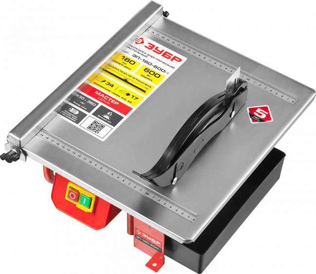 Электроплиткорез ЗУБР "МАСТЕР", диск 180 мм, глубина реза 90°-34мм/45°-17мм, стол 330х360мм, 2950об/мин, 600Вт, ( ЭП-180-600Н )
