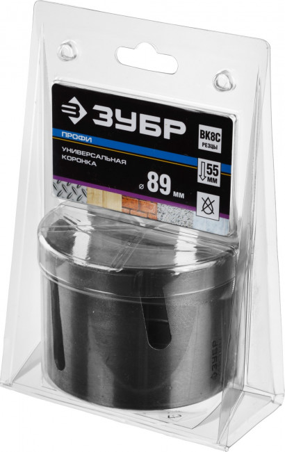 Коронка ЗУБР "ПРОФИ" "ПРОУНИВЕРСАЛ", твердосплав резцы, бетон, кирпич, керам, цв мет, гипсокарт, пласт, дерево, d=89мм ,  ( 29514-89 )
