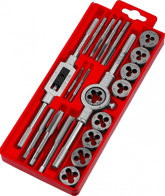 Набор ЗУБР "МАСТЕР" с металлореж. инструментом, метчики однопроходные и плашки М3-М12, оснастка - в пласт. боксе 20пред.,  ( 2810-H20_z01 )