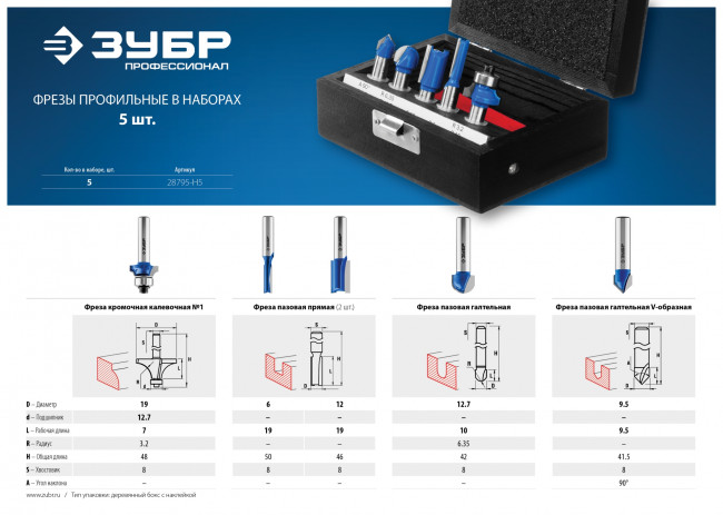 Набор профильных фрез по дереву ЗУБР "ПРОФЕССИОНАЛ", 5 шт, ( 28795-H5 )