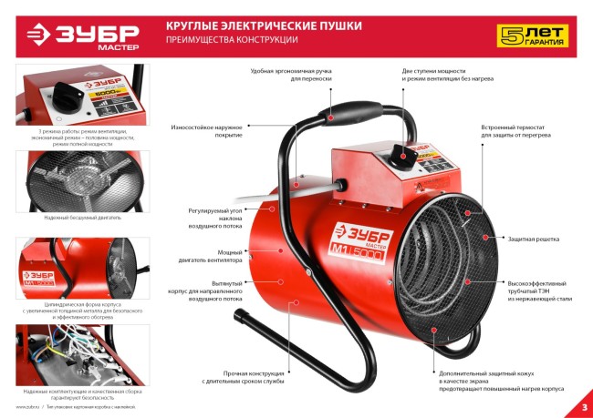 Пушка тепловая КОМПАКТ, ЗУБР ЗТП-М1-2000, круглая, электрическая, гладкий нерж ТЭН, двойные стенки (термос), термостат, 2/1 кВт, 220 В,  ( ЗТП-М1-2000 )