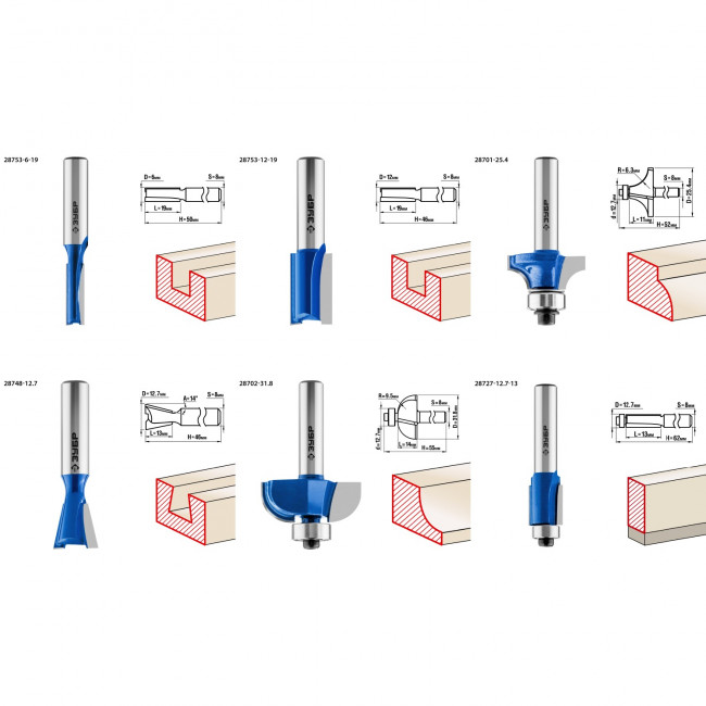 Набор профильных фрез по дереву ЗУБР "ПРОФЕССИОНАЛ", 6 шт, ( 28795-H6 )