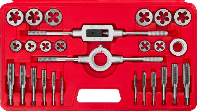 Набор ЗУБР "МАСТЕР" с металлорежущим инстр., метчики однопроходные и плашки М5-М16, оснастка - в пластик. боксе, 27пред.,  ( 28123-H27 )