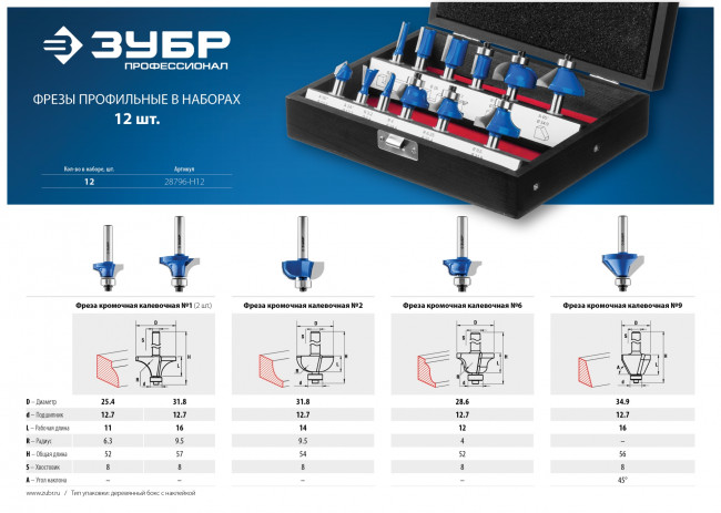 Набор профильных фрез по дереву ЗУБР "ПРОФЕССИОНАЛ", 12 шт, ( 28796-H12 )