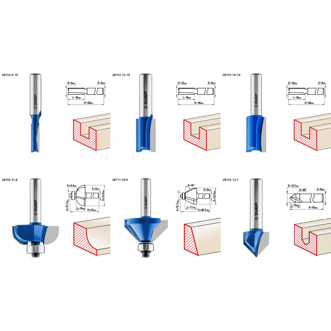 Набор профильных фрез по дереву ЗУБР "ПРОФЕССИОНАЛ", 12 шт, ( 28796-H12 )