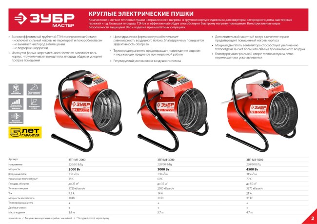 Пушка тепловая КОМПАКТ, ЗУБР, круглая, электрическая, гладкий нерж ТЭН, двойные стенки (термос), термостат, 3/1,5 кВт, 220 В,  ( ЗТП-М1-3000 )