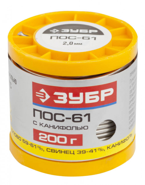 Припой ЗУБР, ПОС 61, трубка с канифолью, 200г, 2мм,  ( 55450-200-20C )