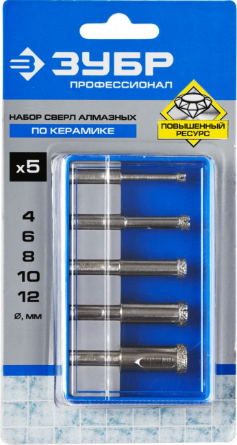 Набор сверл алмазных трубчатых по кафелю и стеклу, d=4, 6, 8, 10, 12 мм, 5 предметов, ЗУБР Профессионал 29850-H5,  ( 29850-H5 )
