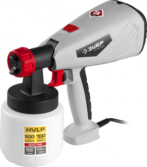 Краскопульт (краскораспылитель) электрич, ЗУБР КПЭ-500, HVLP, 0.8л, краскоперенос 0-800мл/мин,вязкость краски 100 DIN/сек, сопло 2.6мм, 500Вт,  ( КПЭ-500 )
