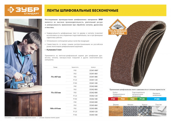 Лента шлифовальная бесконечная ЗУБР "СТАНДАРТ" на тканевой основе, для ЛШМ, P180, 100х610мм, 5 шт,  ( 35343-180 )