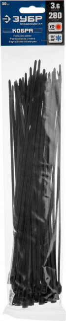 Кабельные стяжки черные КОБРА, с плоским замком, 3.6 х 280 мм, 50 шт, нейлоновые, ЗУБР Профессионал,  ( 30935-36-280 )