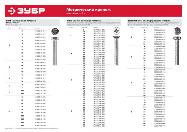 Болт ГОСТ 7798-70, M5 x 40 мм, 5 кг, кл. пр. 5.8, оцинкованный, ЗУБР,  ( 303080-05-040 )