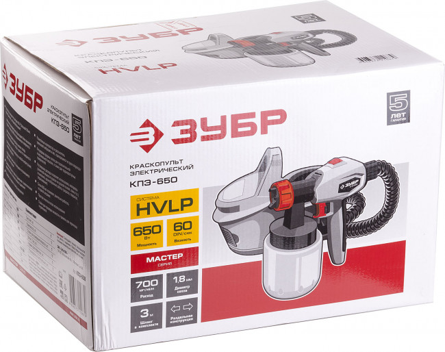 Краскопульт (краскораспылитель) электрич, ЗУБР КПЭ-650, HVLP, 0.8л, краскоперенос 0-700мл/мин, вязкость краски 60 DIN/сек, сопло 1.8мм, 650Вт,  ( КПЭ-650 )