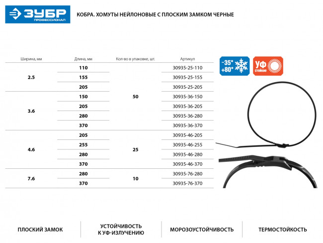 Кабельные стяжки черные КОБРА, с плоским замком, 3.6 х 370 мм, 50 шт, нейлоновые, ЗУБР Профессионал,  ( 30935-36-370 )