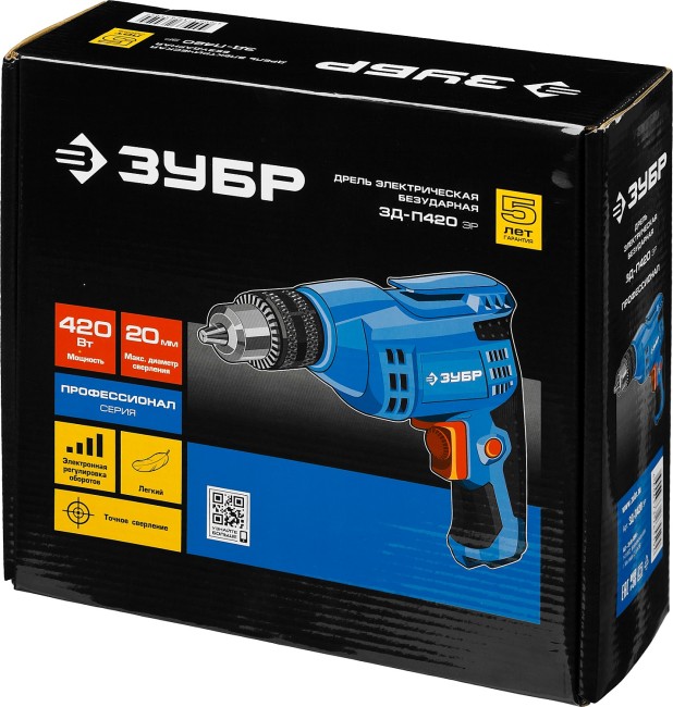 Дрель безударная реверсивная, ЗУБР Профессионал ЗД-П420 ЭР, ЭР (электронная регулировка скорости), ключевой патрон, 10 мм, 420 Вт,  ( ЗД-П420 ЭР )