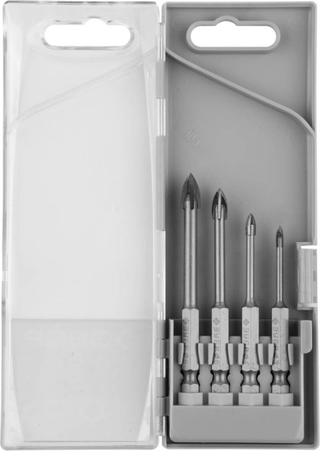 Набор сверл по кафелю, керамике, стеклу, с четырьмя режущими лезвиями, шестигранный хвостовик, 4 шт: 3, 4, 6, 8 мм, ЗУБР "ЭКСПЕРТ" 29845-H4,  ( 29845-H4 )