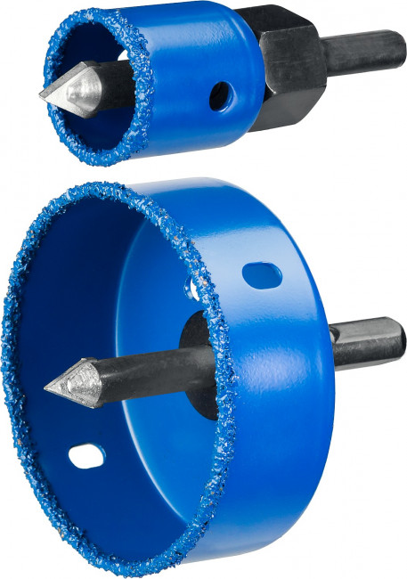 Набор коронок-чашек ЗУБР "ПРОФЕССИОНАЛ" c карбид-вольфрамовым нанесением, 6 коронок-чашек O 22, 28, 35, 44, 68, 73 мм, 2 державки со сверлами, ключ,  ( 33360-H6_z01 )