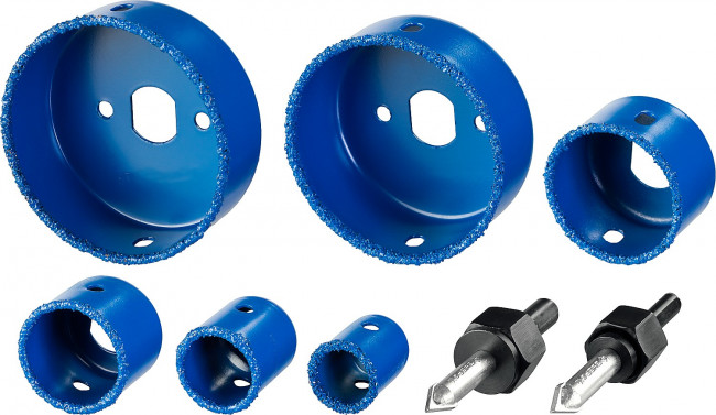 Набор коронок-чашек ЗУБР "ПРОФЕССИОНАЛ" c карбид-вольфрамовым нанесением, 6 коронок-чашек O 22, 28, 35, 44, 68, 73 мм, 2 державки со сверлами, ключ,  ( 33360-H6_z01 )