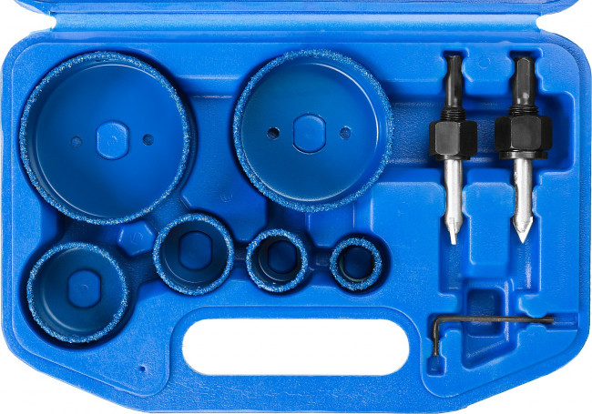 Набор коронок-чашек ЗУБР "ПРОФЕССИОНАЛ" c карбид-вольфрамовым нанесением, 6 коронок-чашек O 22, 28, 35, 44, 68, 73 мм, 2 державки со сверлами, ключ,  ( 33360-H6_z01 )