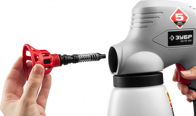 Краскопульт (краскораспылитель) электрический, ЗУБР ЗКПЭ-120, краскоперенос 300 мл/мин, вязкость краски 60 DIN, 0.8л, 120Вт,  ( ЗКПЭ-120 )