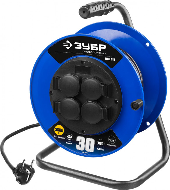 Удлинитель на катушке ПВС 315, 30 м, 3500 Вт, 4 гнезда, IP44, ПВС 3х1,5 кв мм, ЗУБР Профессионал,  ( 55081-30 )