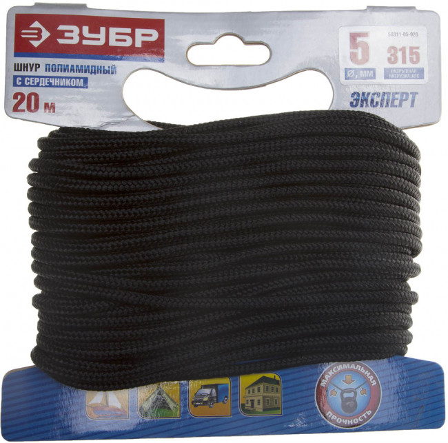 Шнур ЗУБР полиамидный, плетеный, повышенной нагрузки, с сердечником, черный, d 5, 20м,  ( 50311-05-020 )