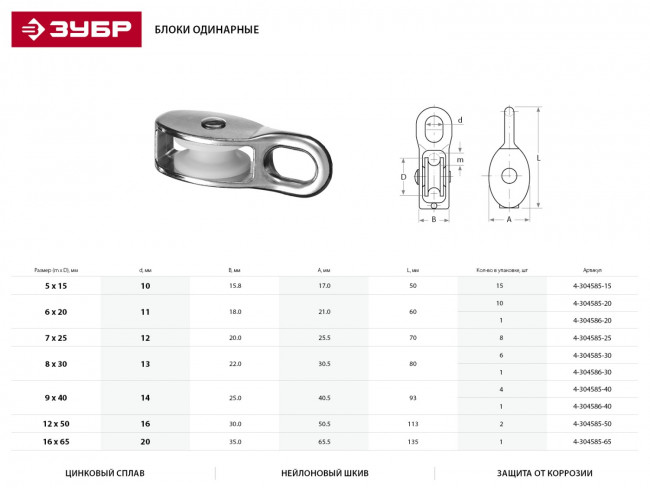 Блок одинарный, 7x25мм, 8 шт, нейлоновый шкив, ЗУБР,  ( 4-304585-25 )