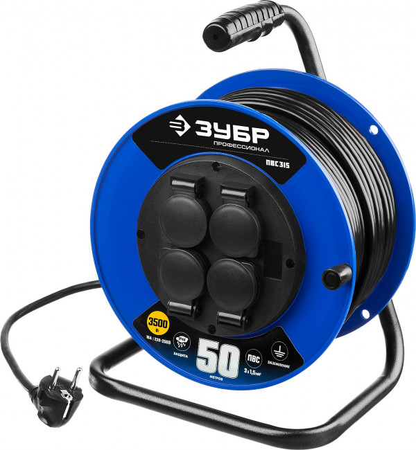 Удлинитель на катушке ПВС 315, 50 м, 3500 Вт, 4 гнезда, IP44, ПВС 3х1,5 кв мм, ЗУБР Профессионал,  ( 55081-50 )